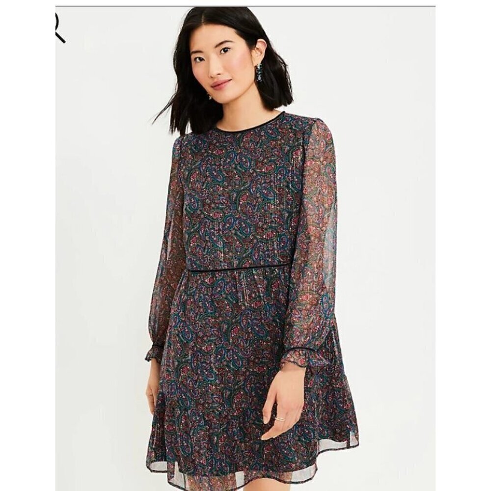 LOFT MultiColor Paisley Boho Mini Dress Size SP Modest Sheer Sleeves NEW